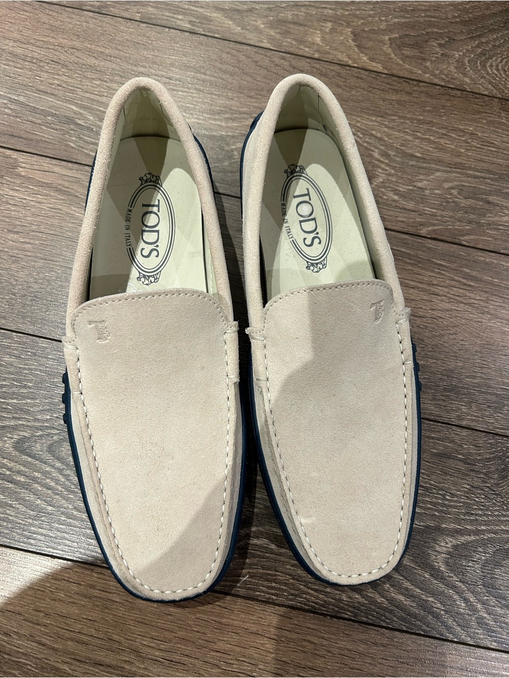 Tod's Beige Suede Driving Loafers with Dark Sole